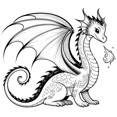 Schwarz-weiße Illustration eines Drachen mit großen Flügeln, schuppigem Körper und verspieltem Gesichtsausdruck, der eine kleine Flamme ausspuckt.