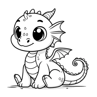 Black and white illustration of a cute, smiling dragon with horns and a spiky tail, sitting down and looking playful.