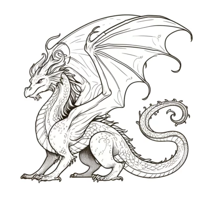 Illustration eines detaillierten Drachen mit großen Flügeln und einem komplizierten Schuppenmuster, dargestellt in stehender Pose mit einem eingerollten Schwanz.