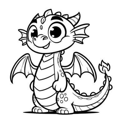 A black and white illustration of a cute, smiling cartoon dragon with stripes, small wings, and a long, pointed tail.