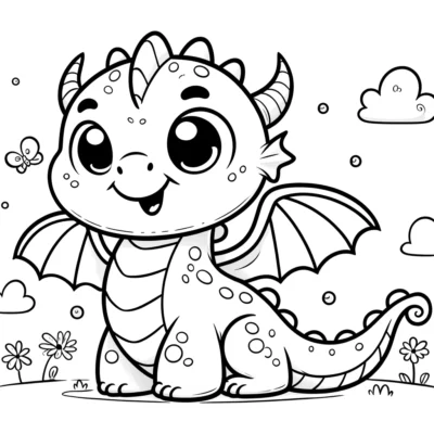 A black and white line drawing of a cute cartoon dragon sitting in a meadow, surrounded by flowers and butterflies.