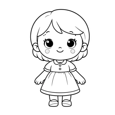 Schwarz-weiß-Illustration eines Cartoon-Mädchens mit kurzen Haaren, das ein Kleid und Schuhe trägt, lächelt und steht.