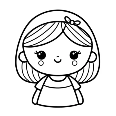 Ilustración en blanco y negro de una linda chica de dibujos animados con ojos grandes, una diadema a rayas y un vestido sencillo.