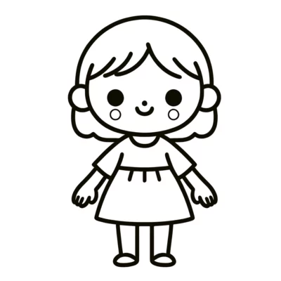 Schwarz-weiße Strichzeichnung eines Cartoon-Mädchens mit kurzen Haaren, das ein Kleid trägt und lächelt.