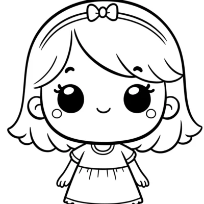 Un dibujo lineal en blanco y negro de una linda niña de dibujos animados con ojos grandes y un lazo en el cabello, con un vestido.