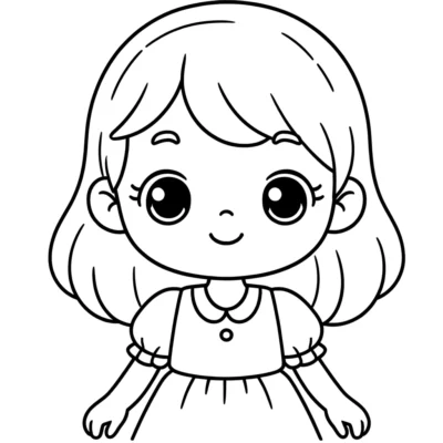 Dibujo lineal de una niña de dibujos animados con ojos grandes y cabello hasta los hombros, con un vestido de manga corta con cuello.