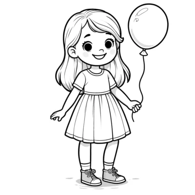 A black and white illustration of a smiling young girl holding a balloon, dressed in a dress and sneakers.