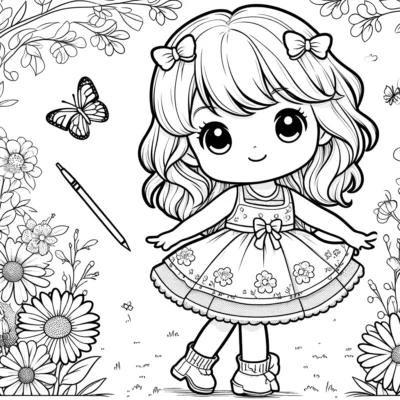 Black and white coloring page featuring a cute cartoon girl with bows in her hair, surrounded by flowers and a butterfly, with a pencil on the side.