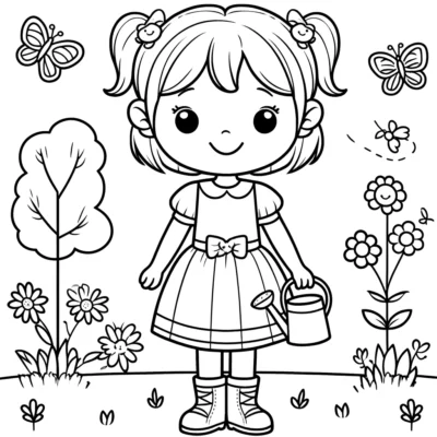 A cartoon illustration of a young girl with pigtails, holding a watering can, surrounded by flowers, butterflies, and a tree in a garden setting.