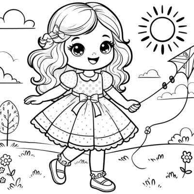 Black and white coloring page of a cartoon girl with a kite in a sunny park setting.