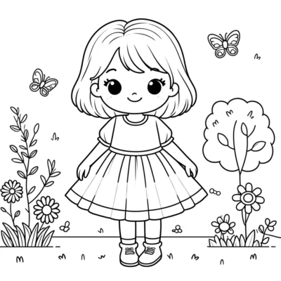 Dibujo lineal de una niña de dibujos animados parada en un jardín con plantas y mariposas, sonriendo, vestida con falda y zapatos.