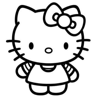 Black and white line drawing of hello kitty, featuring the character in a simple dress with a bow on her head.