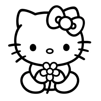 Strichzeichnung von Hello Kitty, die eine Blume hält, mit ihrer charakteristischen Schleife an ihrem linken Ohr.
