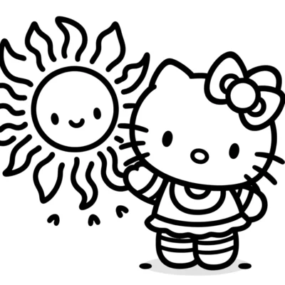 Line drawing of hello kitty standing next to a smiling sun, both depicted in a simple, cartoonish style.