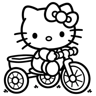 Hello Kitty montando un triciclo, representada en un sencillo estilo de dibujo lineal en blanco y negro.