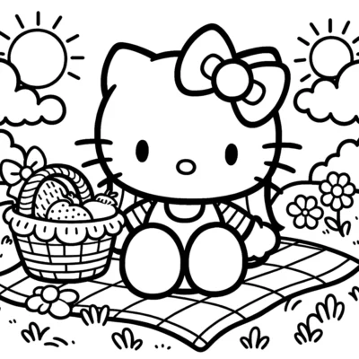 Hello kitty sitting on a picnic blanket with a basket of fruit, surrounded by flowers, grass, and sunny skies.