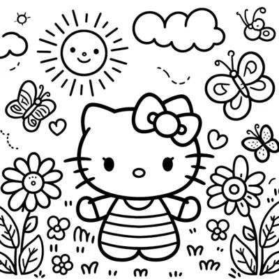 Dibujo lineal en blanco y negro de hello kitty con un traje a rayas, rodeado de flores, mariposas, sol y nubes en una alegre escena natural.