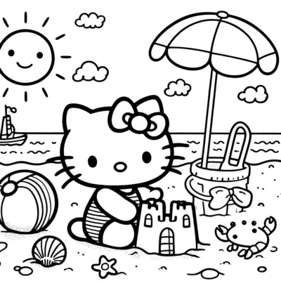 Hello Kitty construye un castillo de arena en una playa bajo una sombrilla, con un cangrejo, una pelota de playa y un velero al fondo, todo representado en un estilo de dibujo lineal simple.