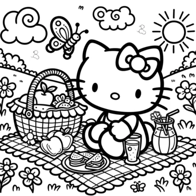 Hello kitty en un parque con una canasta de picnic, manzana, sándwich y jugo, rodeada de flores, nubes, una mariposa y el sol al estilo de los dibujos animados.