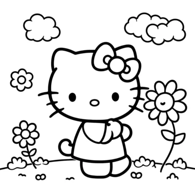 Dibujo lineal de hello kitty parada en un campo con flores y nubes, con un lazo en la cabeza.