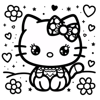 Black and white line drawing of hello kitty surrounded by hearts, flowers, and stars, featuring a bow on her left ear.