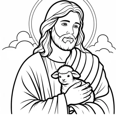 Black and white line drawing of jesus christ holding a lamb, halo visible behind his head, with clouds in the background.