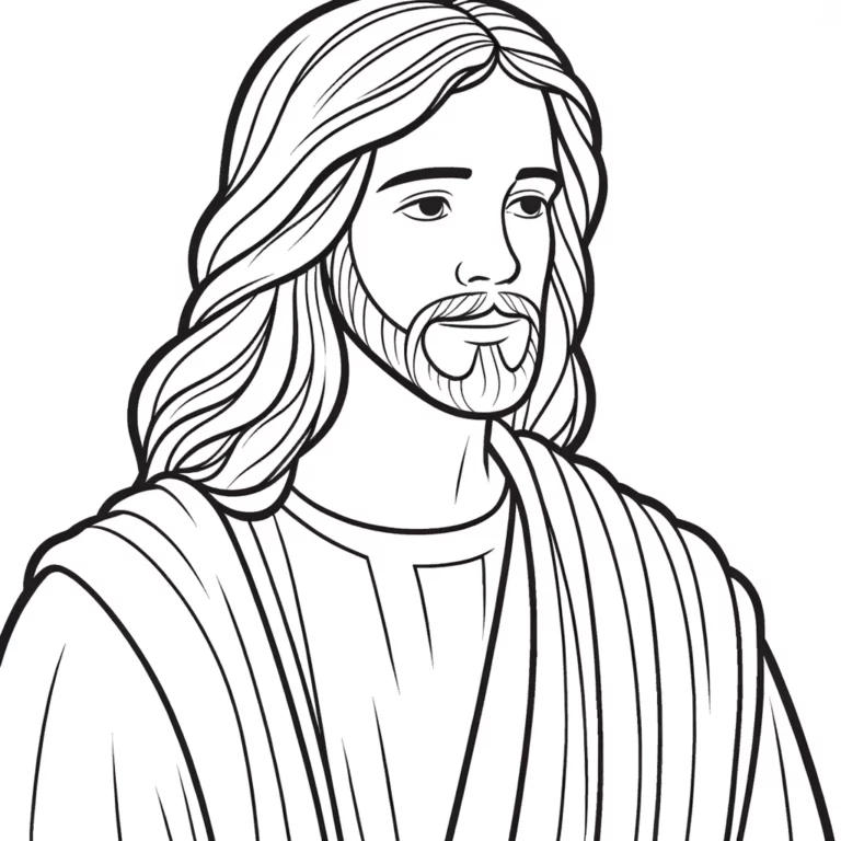 Strichzeichnung von Jesus Christus im Gewand, dargestellt mit heiterem Gesichtsausdruck und langem Haar.