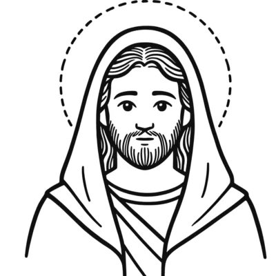 Black and white line drawing of a smiling man with long hair and a beard, wearing a hooded robe, depicted with a halo around his head.