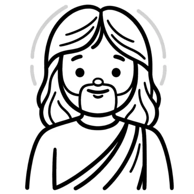 Line drawing of a bearded man with long hair, wearing a draped garment, depicted in a minimalistic style.