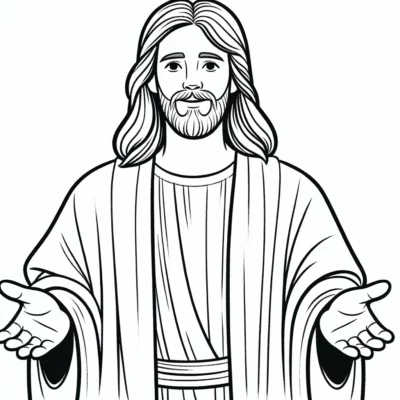 Illustration of jesus christ with open arms, wearing a robe, displaying a welcoming gesture. he has long hair and a beard.