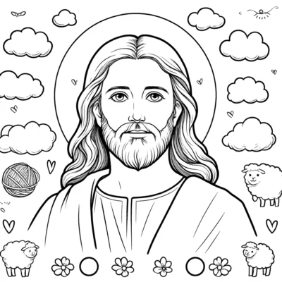 Schwarz-weiße Illustration von Jesus, umgeben von Wolken, Schafen und Blumen, mit heiterem Gesichtsausdruck.