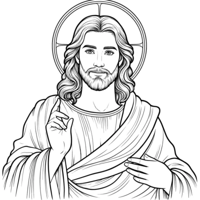 Black and white illustration of jesus christ with a halo, making a blessing gesture, dressed in robes.