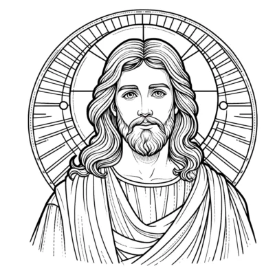 Black and white illustration of jesus christ with a halo, in a frontal pose, featuring detailed line art.