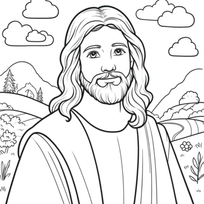 Illustration of a man with long hair and a beard, wearing robes, against a backdrop of mountains and clouds.