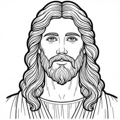 Line drawing of a man with long, wavy hair and a beard, featuring detailed facial features and a serene expression.