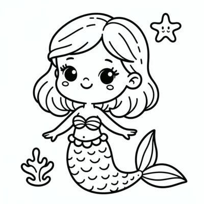 Dibujo lineal de una sirena de dibujos animados con cabello ondulado, top de concha y cola texturizada, sonriendo junto a una estrella de mar y algas.