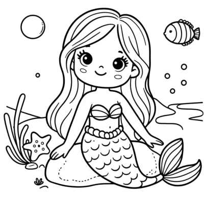 A black and white outline drawing of a mermaid with long hair, sitting on a rock underwater, surrounded by a fish, a starfish, and bubbles.