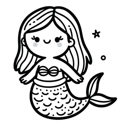 Line drawing of a cartoon mermaid with a starfish and bubbles beside her, featuring detailed scales and a bow on her tail.