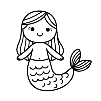 Schwarz-weiße Strichzeichnung einer lächelnden Meerjungfrau mit wallendem Haar und gemustertem Schwanz.