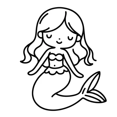 Eine einfache Strichzeichnung einer Meerjungfrau mit welligem Haar, geschlossenen Augen und einem Schwanz, die in einer entspannten Pose sitzt.