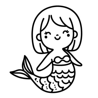 Line drawing of a smiling mermaid with short hair, folded arms, and a scalloped tail.