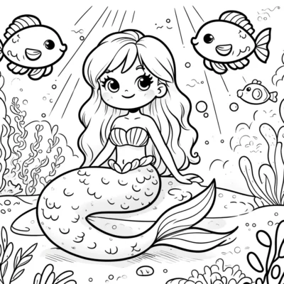 Ilustración de una joven sirena con cabello largo sentada bajo el agua, rodeada de peces, algas y burbujas, en un estilo de dibujos animados caprichoso.