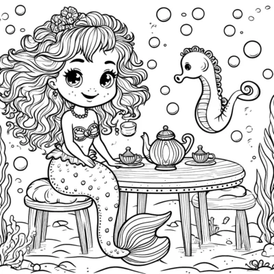 Eine Strichzeichnung eines Meerjungfrauenmädchens, das eine Teeparty mit einem Seepferdchen unter Wasser veranstaltet, umgeben von Blasen und Korallendetails.