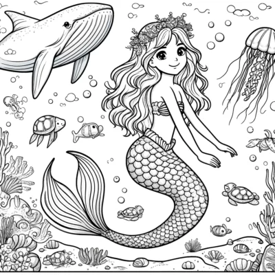 Illustration of a mermaid surrounded by sea life including a whale, jellyfish, and turtles, in a detailed underwater scene with coral and bubbles.
