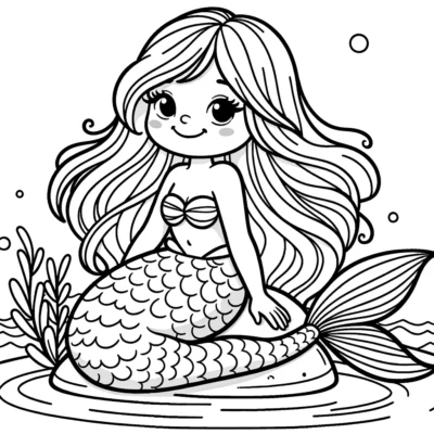 Un dibujo lineal en blanco y negro de una sirena sonriente con cabello largo, sentada sobre una roca bajo el agua, rodeada de plantas y burbujas.