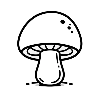 Black and white line drawing of a simple, stylized mushroom with a rounded cap and a straight stem, dotted with small spots.