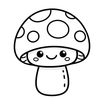 Una ilustración en blanco y negro de un lindo hongo sonriente con una gorra punteada y una cara sencilla y feliz.