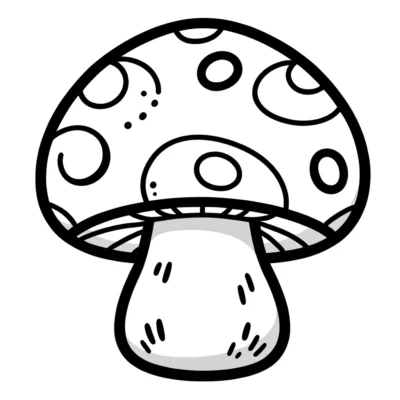 Black and white illustration of a stylized mushroom with a large, dotted cap and a textured stem.