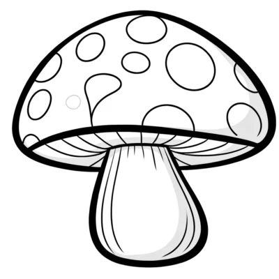 Ilustración en blanco y negro de un hongo estilizado con un sombrero moteado y un tallo delgado.