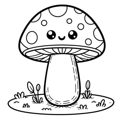 Line drawing of a cute, anthropomorphic mushroom with a spotted cap and eyes, standing in grass with small plants around it.